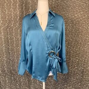 Vintage Agora Blue Satin Wrap Blouse V-Neck Preppy Chic Women's XL‎